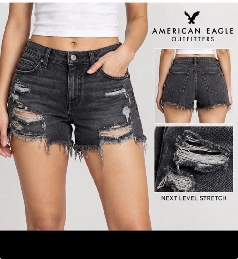 American Eagle Womens Shorts Size 12 Black Next Level Stretch Distressed Denim
